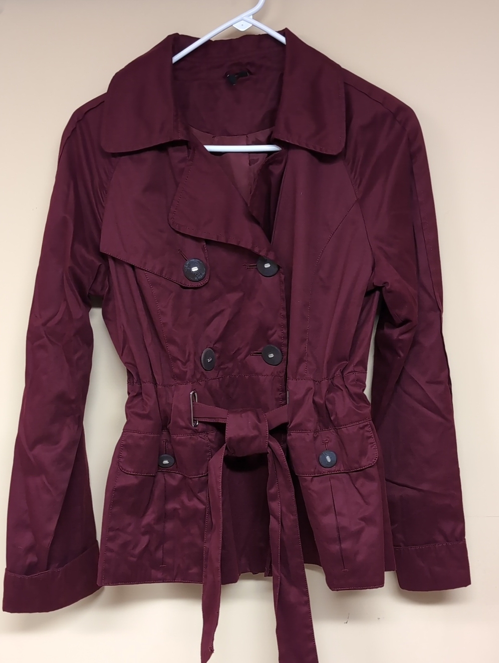 Burgundy Double-Breasted Trench Coat with Tie Belt